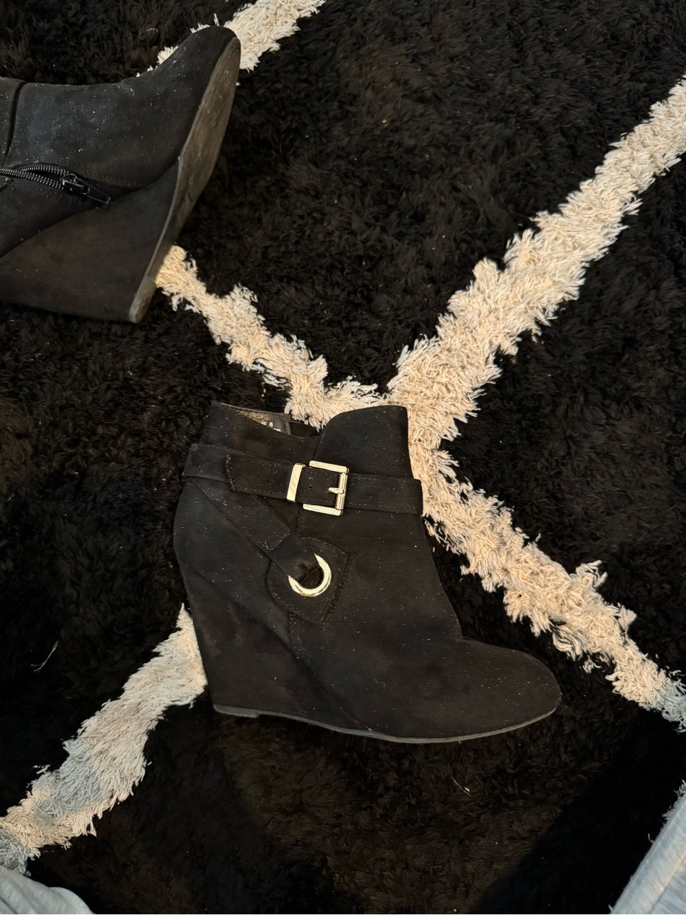 Black Suede Wedge Ankle Boots with Buckle Detail